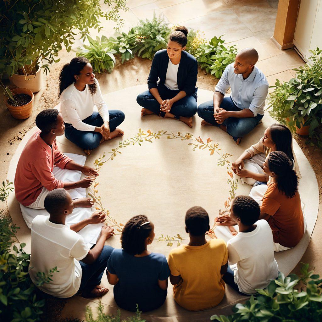 A warm and inviting scene depicting a diverse group of individuals in a circle, engaged in supportive conversation, with soft lighting and comforting surroundings. Include symbols of hope like ribbons and plants, along with captions of encouragement floating around. The background should feature a serene landscape to evoke tranquility and unity. super-realistic. warm colors. soft focus.