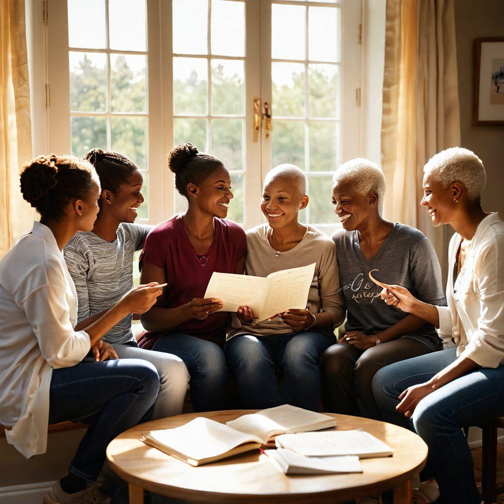 A heartfelt scene depicting a diverse group of individuals in a supportive circle, embracing and sharing stories of hope during a cancer recovery journey. Warm sunlight filters through a window, illuminating symbols of strength like ribbons, personalized support items, and a journal filled with uplifting messages. The atmosphere is filled with compassion and solidarity, inviting viewers to feel the connection. super-realistic. vibrant colors. soft focus.