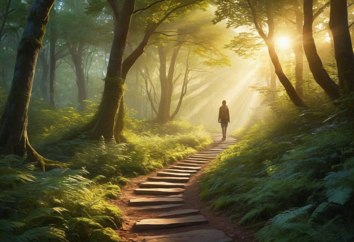 A serene path winding through a lush forest, symbolizing the journey from diagnosis to survivorship, with milestones represented by glowing, ethereal markers along the way, depicting hope and resilience. Include gentle sunlight filtering through the trees, casting a warm glow on the path, while a silhouette of a figure walks forward with determination. super-realistic. vibrant colors.